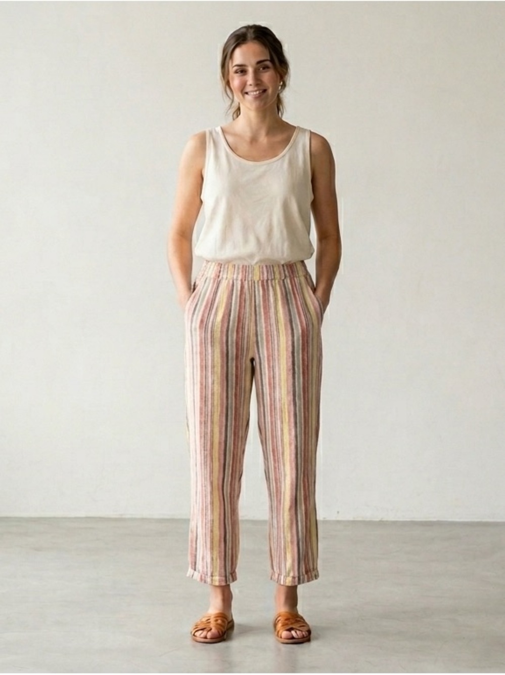 Soft Surroundings Cream Multi-Striped Cropped Linen-Blend Pants